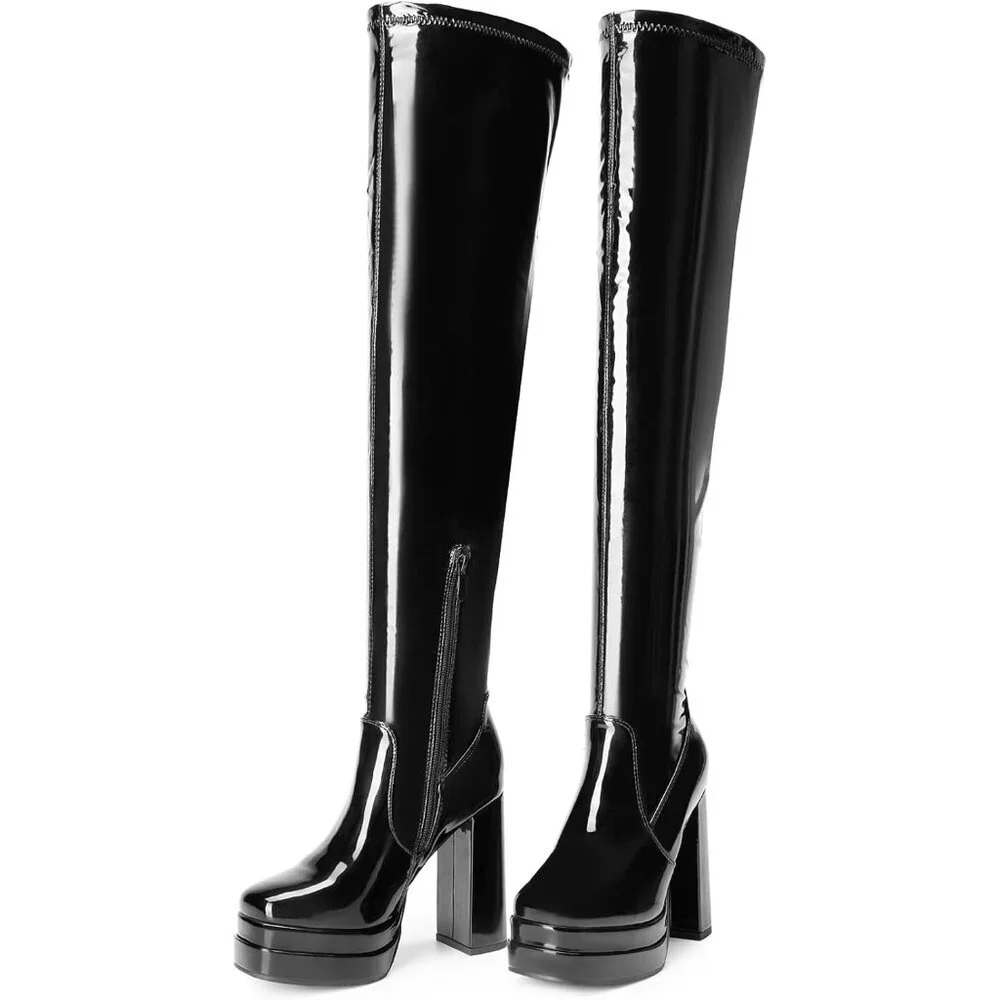 Women's Black-pat Polyurethane (PU) Square Toe Over The Knee Thigh High Boots